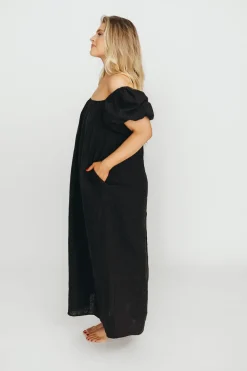 Discount Worth Collective Genoa 100% Linen Maxi Dress in Black - Bump Friendly