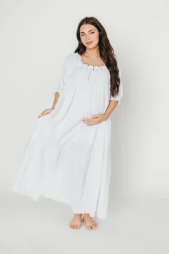 Fashion Worth Collective Goddess 100% Cotton Babydoll Maxi Dress in White - Bump Friendly