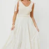 New Worth Collective Gretchen 100% Cotton Knitted Sleeveless Tiered Maxi Dress in Cream