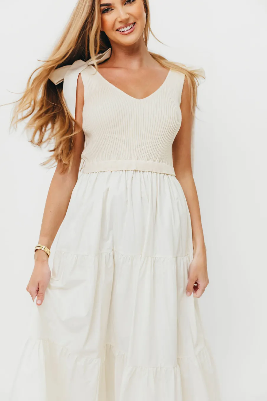 New Worth Collective Gretchen 100% Cotton Knitted Sleeveless Tiered Maxi Dress in Cream