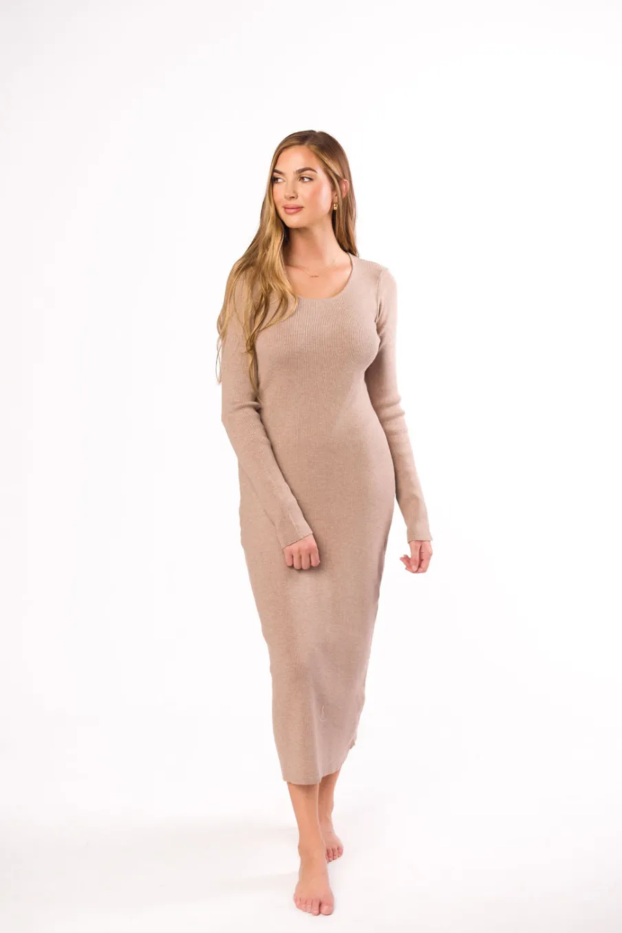 Online Worth Collective Gwen Ribbed Midi Dress in Mocha