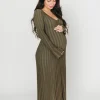 Outlet Worth Collective Hadley Long Sleeve V-Neck Knit Maxi Dress in Olive- Bump Friendly