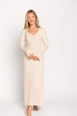 Sale Worth Collective Hadley Long Sleeve V-Neck Knit Maxi Dress in Cream Taupe