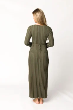 Outlet Worth Collective Hadley Long Sleeve V-Neck Knit Maxi Dress in Olive- Bump Friendly