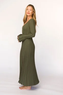 Outlet Worth Collective Hadley Long Sleeve V-Neck Knit Maxi Dress in Olive- Bump Friendly