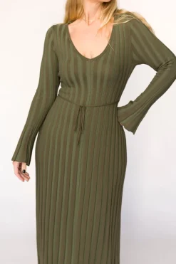 Outlet Worth Collective Hadley Long Sleeve V-Neck Knit Maxi Dress in Olive- Bump Friendly