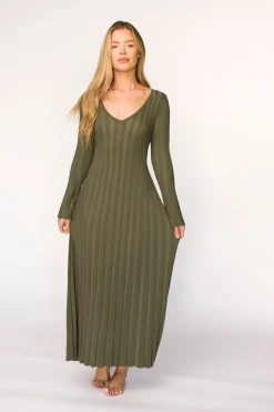Outlet Worth Collective Hadley Long Sleeve V-Neck Knit Maxi Dress in Olive- Bump Friendly