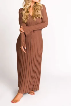 Sale Worth Collective Hadley Long Sleeve V-Neck Knit Maxi Dress in Cocoa