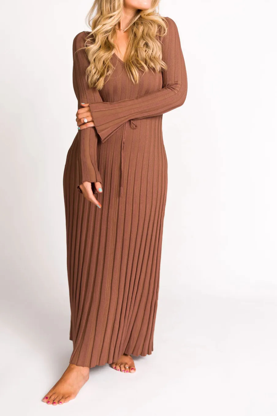 Sale Worth Collective Hadley Long Sleeve V-Neck Knit Maxi Dress in Cocoa
