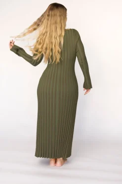 Outlet Worth Collective Hadley Long Sleeve V-Neck Knit Maxi Dress in Olive- Bump Friendly