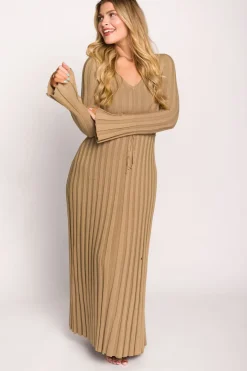 Fashion Worth Collective Hadley Long Sleeve V-Neck Knit Maxi Dress in Espresso
