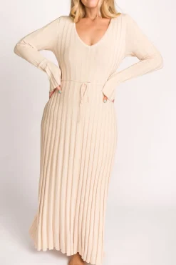 Sale Worth Collective Hadley Long Sleeve V-Neck Knit Maxi Dress in Cream Taupe