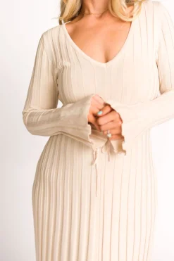 Sale Worth Collective Hadley Long Sleeve V-Neck Knit Maxi Dress in Cream Taupe