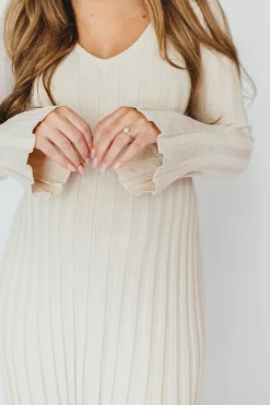 Sale Worth Collective Hadley Long Sleeve V-Neck Knit Maxi Dress in Cream Taupe