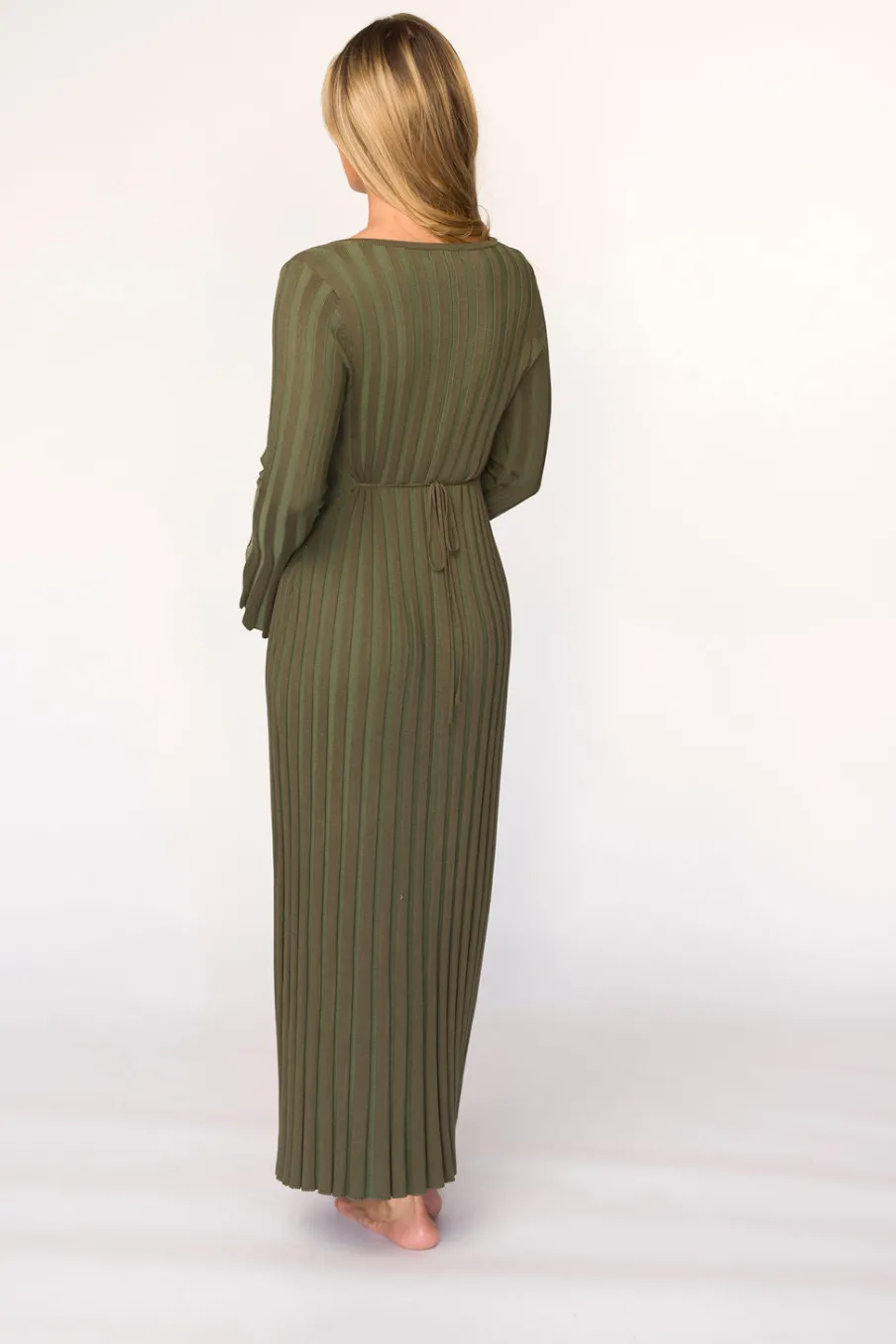Outlet Worth Collective Hadley Long Sleeve V-Neck Knit Maxi Dress in Olive- Bump Friendly