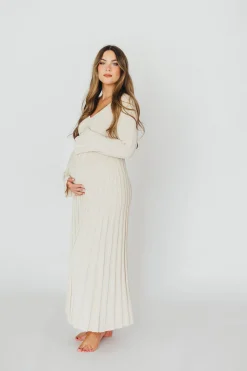 Sale Worth Collective Hadley Long Sleeve V-Neck Knit Maxi Dress in Cream Taupe