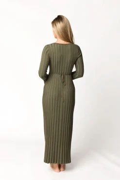 Outlet Worth Collective Hadley Long Sleeve V-Neck Knit Maxi Dress in Olive- Bump Friendly