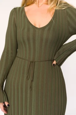 Outlet Worth Collective Hadley Long Sleeve V-Neck Knit Maxi Dress in Olive- Bump Friendly