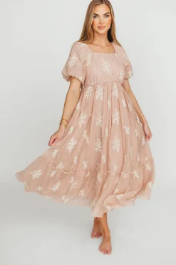 Fashion Worth Collective Hallie Embroidered Maxi Dress in Blush - Bump Friendly & Inclusive Siz