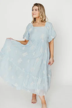 New Worth Collective Hallie Embroidered Maxi Dress in Powder Blue - Bump Friendly & Inclusi