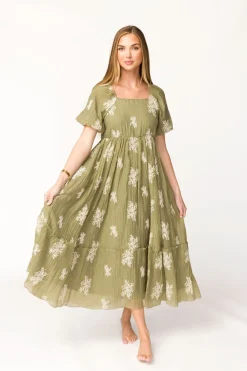 Clearance Worth Collective Hallie Embroidered Maxi Dress in Olive - Bump Friendly & Inclusive Siz