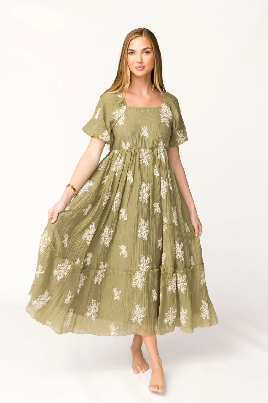 Clearance Worth Collective Hallie Embroidered Maxi Dress in Olive - Bump Friendly & Inclusive Siz