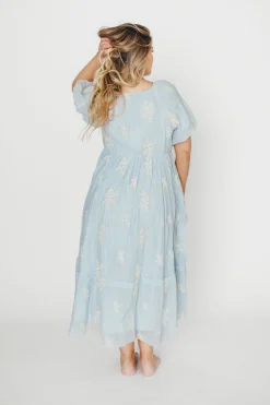 New Worth Collective Hallie Embroidered Maxi Dress in Powder Blue - Bump Friendly & Inclusi