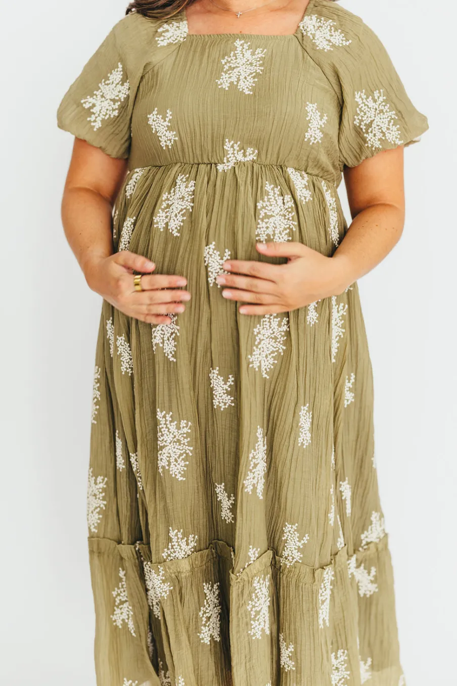 Clearance Worth Collective Hallie Embroidered Maxi Dress in Olive - Bump Friendly & Inclusive Siz