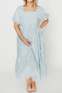 New Worth Collective Hallie Embroidered Maxi Dress in Powder Blue - Bump Friendly & Inclusi