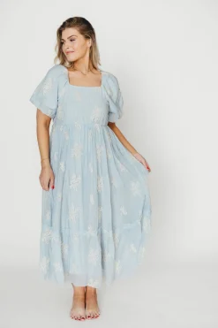 New Worth Collective Hallie Embroidered Maxi Dress in Powder Blue - Bump Friendly & Inclusi