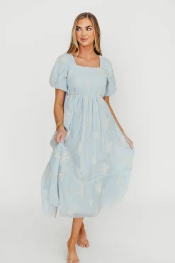 New Worth Collective Hallie Embroidered Maxi Dress in Powder Blue - Bump Friendly & Inclusi
