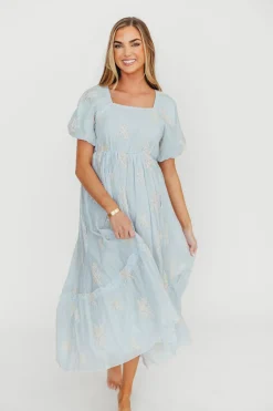 New Worth Collective Hallie Embroidered Maxi Dress in Powder Blue - Bump Friendly & Inclusi