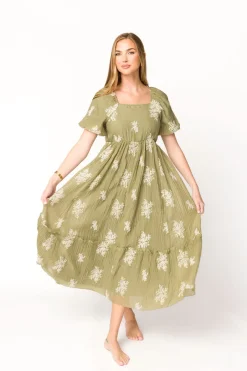 Clearance Worth Collective Hallie Embroidered Maxi Dress in Olive - Bump Friendly & Inclusive Siz