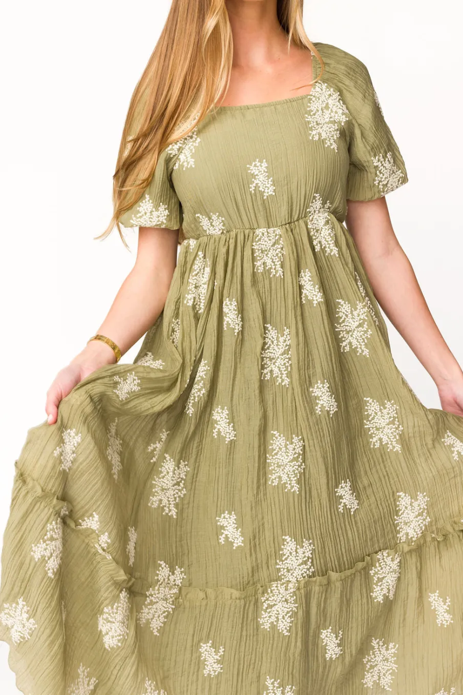Clearance Worth Collective Hallie Embroidered Maxi Dress in Olive - Bump Friendly & Inclusive Siz