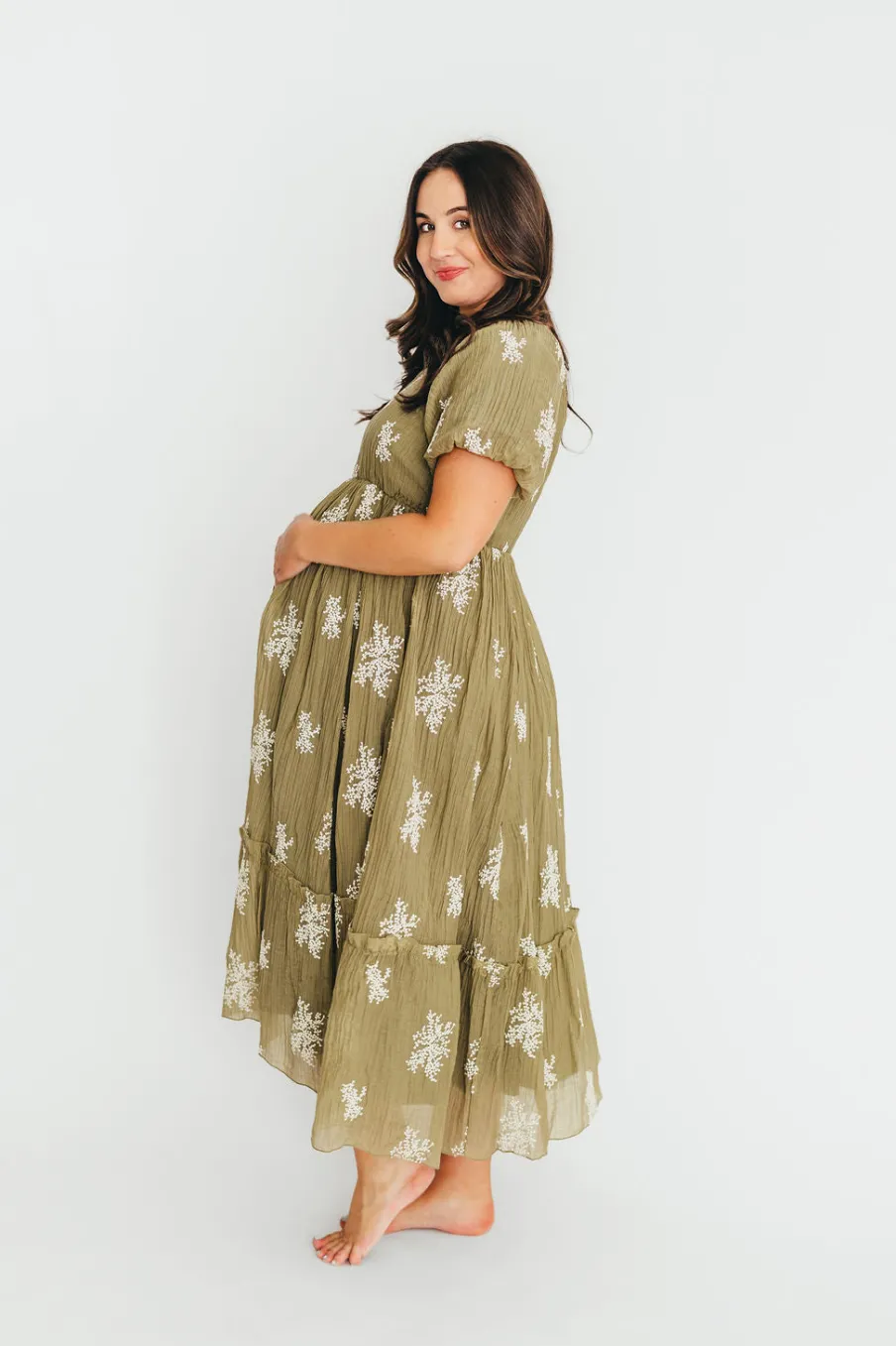 Clearance Worth Collective Hallie Embroidered Maxi Dress in Olive - Bump Friendly & Inclusive Siz