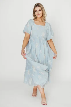 New Worth Collective Hallie Embroidered Maxi Dress in Powder Blue - Bump Friendly & Inclusi