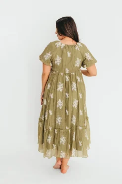Clearance Worth Collective Hallie Embroidered Maxi Dress in Olive - Bump Friendly & Inclusive Siz