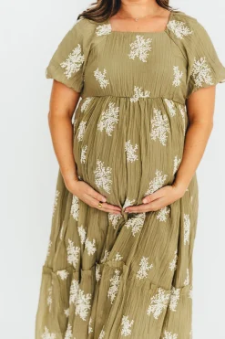 Clearance Worth Collective Hallie Embroidered Maxi Dress in Olive - Bump Friendly & Inclusive Siz