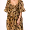 Fashion Worth Collective Harlow Camel & Black Floral Maxi Dress with Stretchy Neckline - Bump F