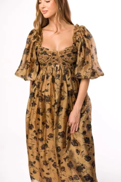 Fashion Worth Collective Harlow Camel & Black Floral Maxi Dress with Stretchy Neckline - Bump F
