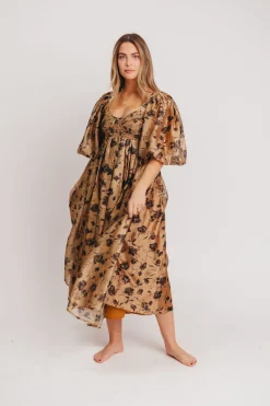Fashion Worth Collective Harlow Camel & Black Floral Maxi Dress with Stretchy Neckline - Bump F