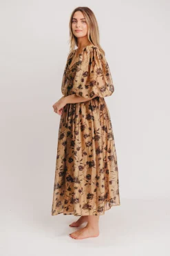 Fashion Worth Collective Harlow Camel & Black Floral Maxi Dress with Stretchy Neckline - Bump F