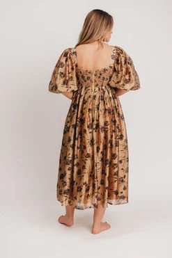 Fashion Worth Collective Harlow Camel & Black Floral Maxi Dress with Stretchy Neckline - Bump F