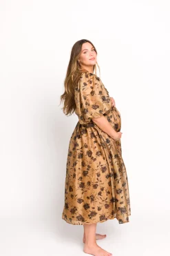 Fashion Worth Collective Harlow Camel & Black Floral Maxi Dress with Stretchy Neckline - Bump F