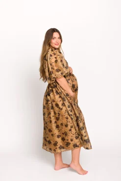 Fashion Worth Collective Harlow Camel & Black Floral Maxi Dress with Stretchy Neckline - Bump F