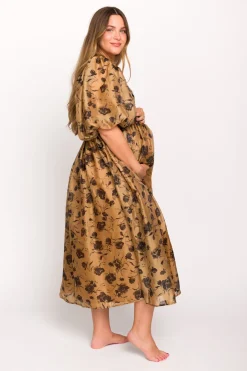 Fashion Worth Collective Harlow Camel & Black Floral Maxi Dress with Stretchy Neckline - Bump F