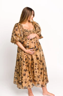 Fashion Worth Collective Harlow Camel & Black Floral Maxi Dress with Stretchy Neckline - Bump F