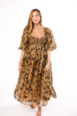Fashion Worth Collective Harlow Camel & Black Floral Maxi Dress with Stretchy Neckline - Bump F