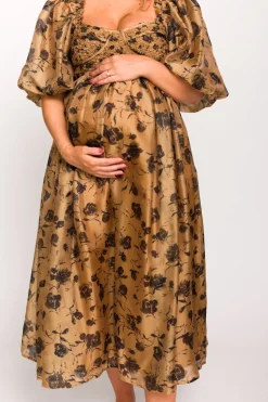 Fashion Worth Collective Harlow Camel & Black Floral Maxi Dress with Stretchy Neckline - Bump F