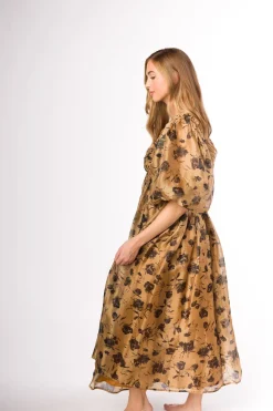Fashion Worth Collective Harlow Camel & Black Floral Maxi Dress with Stretchy Neckline - Bump F